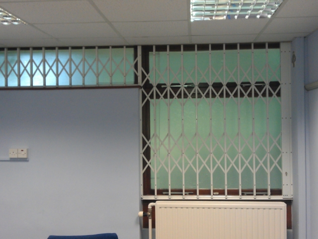 Security grilles for flag shaped office door and window